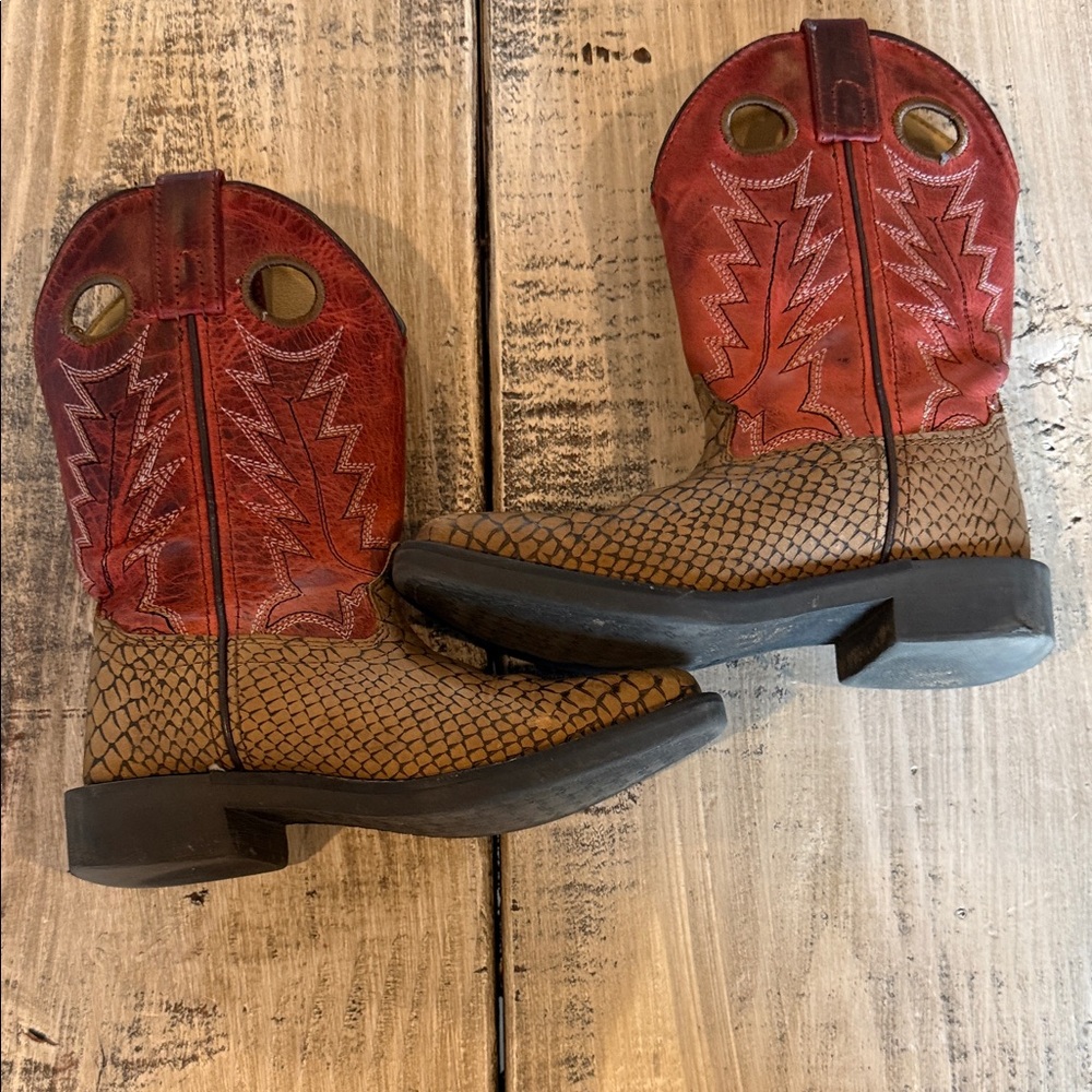 Kids Two-Tone Brown and Red Pull-On Western Boots - Picture 6 of 16